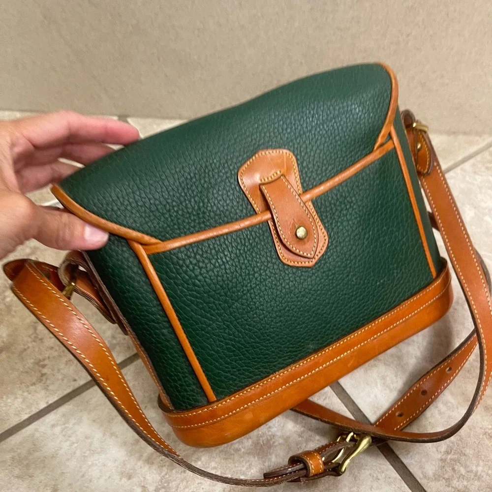 Dooney & Bourke Vintage All Weather Leather Green Tan Crossbody Bag Duck Fob
